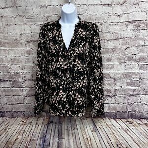 Lauren Conrad Black Pink Heart Print Roll Tab Sleeve Blouse